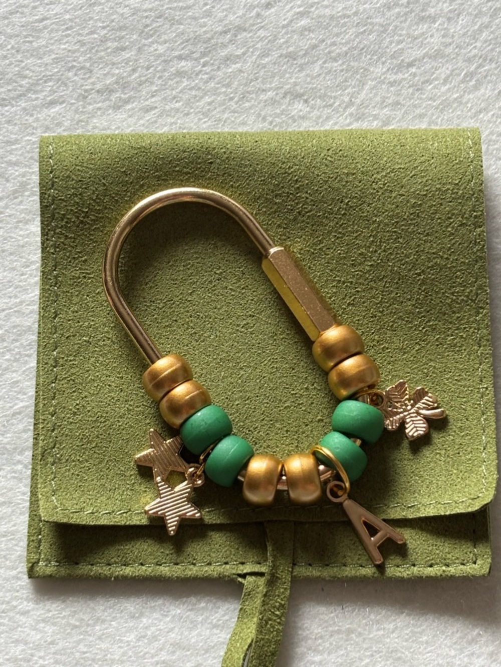 Gold and Green Charm Key Ring with Letter A